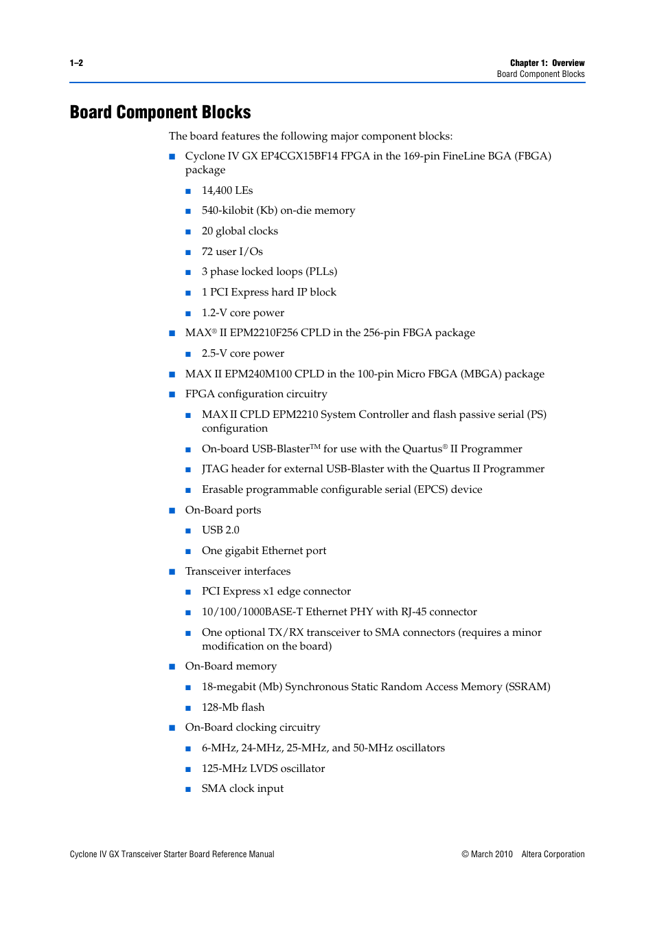 Board component blocks, Board component blocks –2 | Altera Cyclone IV GX Transceiver Starter Board User Manual | Page 6 / 40
