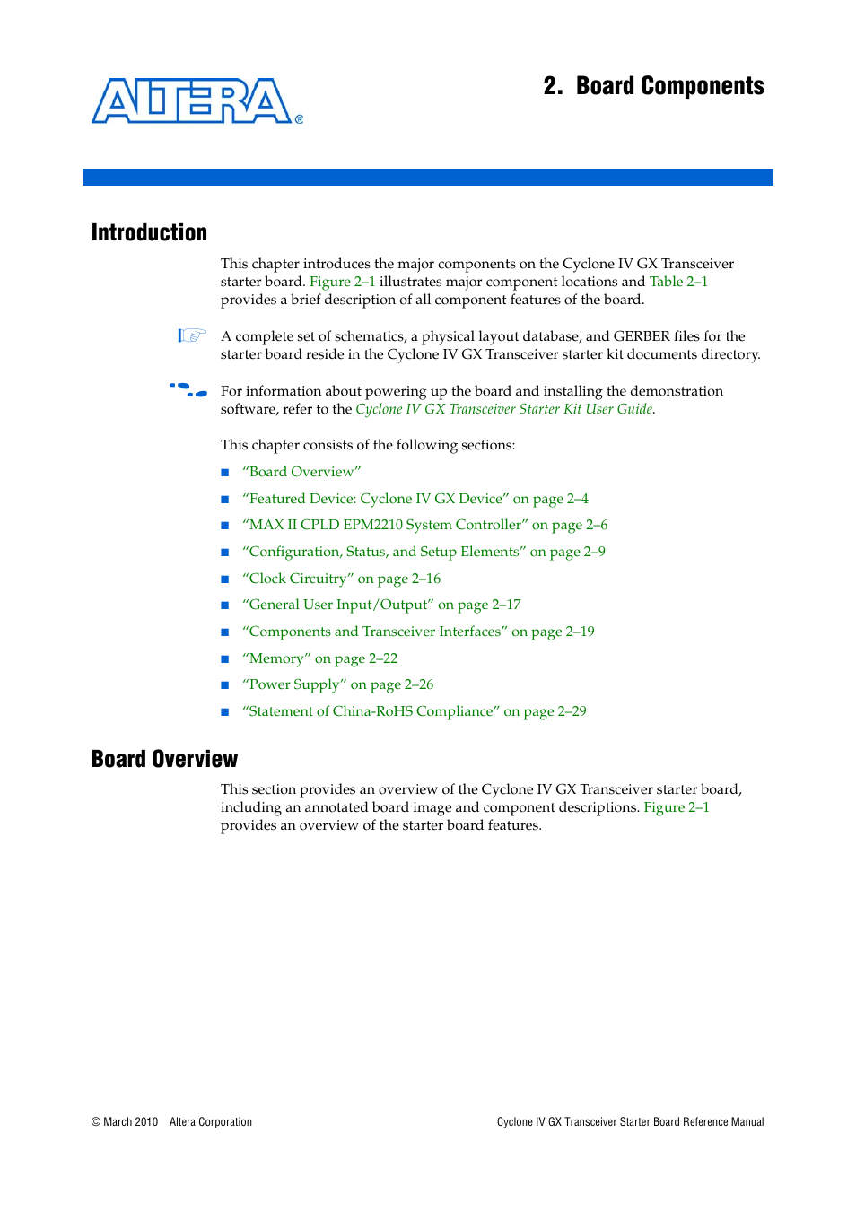 Board components, Introduction, Board overview | Chapter 2. board components, Introduction –1 board overview –1 | Altera Cyclone IV GX Transceiver Starter Board User Manual | Page 9 / 40