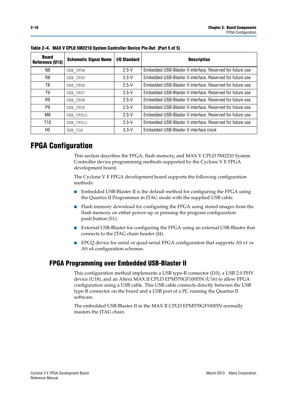 Fpga configuration, Fpga programming over embedded usb-blaster ii, Fpga configuration –10 | Fpga programming over embedded usb-blaster ii –10 | Altera Cyclone V E FPGA Development Board User Manual | Page 18 / 56