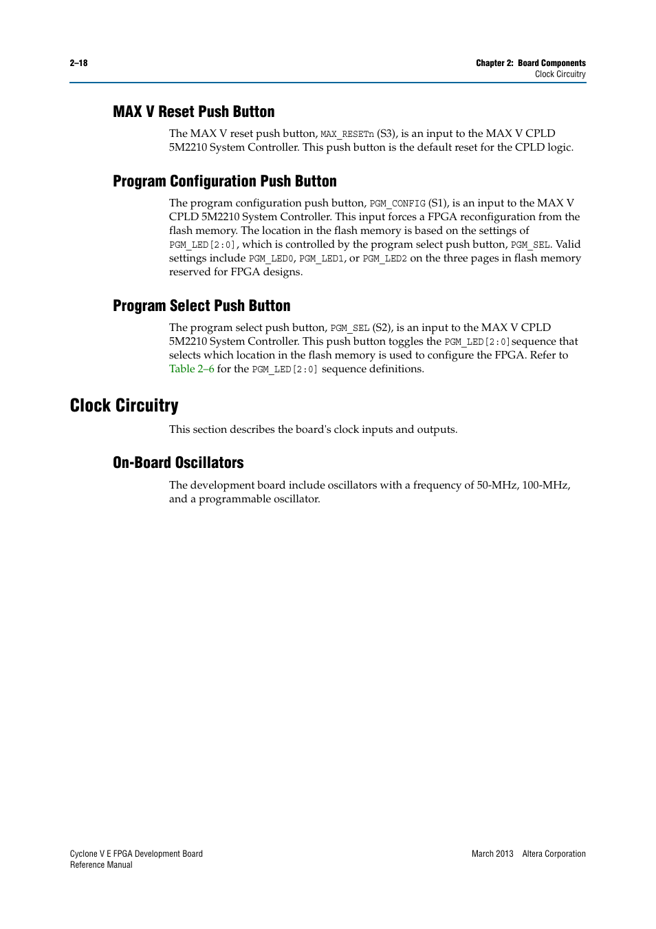 Max v reset push button, Program configuration push button, Program select push button | Clock circuitry, On-board oscillators, Clock circuitry –18, On-board oscillators –18 | Altera Cyclone V E FPGA Development Board User Manual | Page 26 / 56