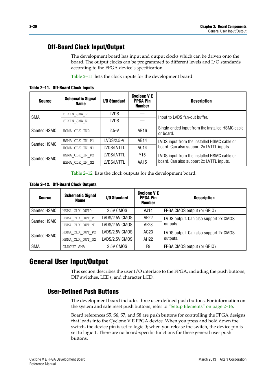 Off-board clock input/output, General user input/output, User-defined push buttons | Off-board clock input/output –20, General user input/output –20, User-defined push buttons –20 | Altera Cyclone V E FPGA Development Board User Manual | Page 28 / 56