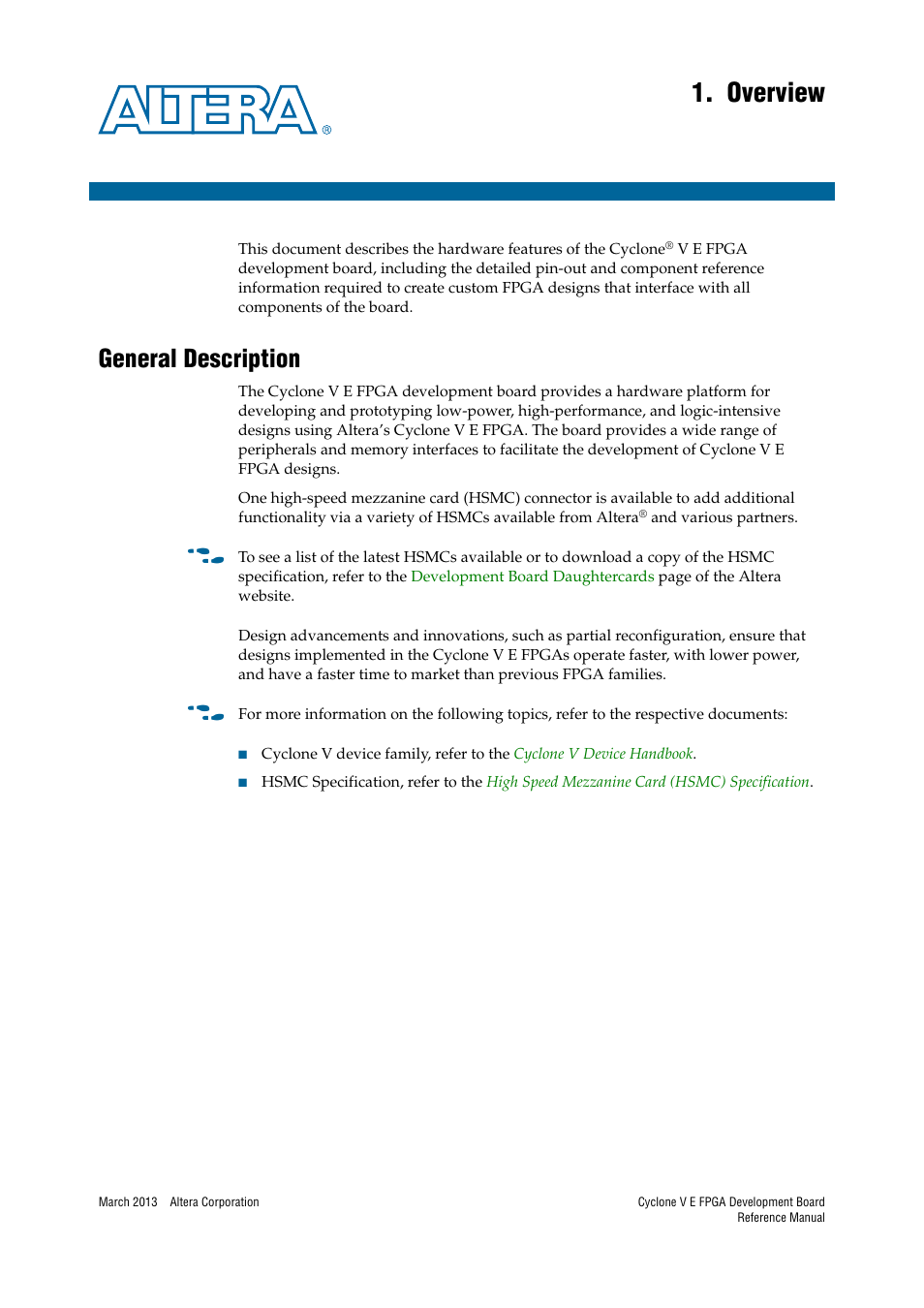 Overview, General description, Chapter 1. overview | General description –1 | Altera Cyclone V E FPGA Development Board User Manual | Page 5 / 56