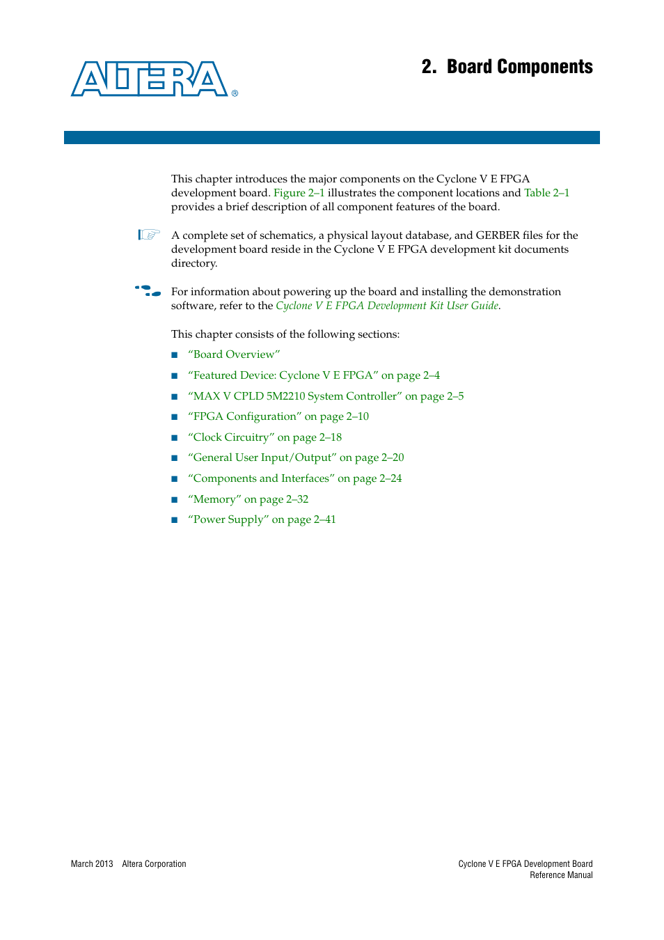 Board components, Chapter 2. board components | Altera Cyclone V E FPGA Development Board User Manual | Page 9 / 56