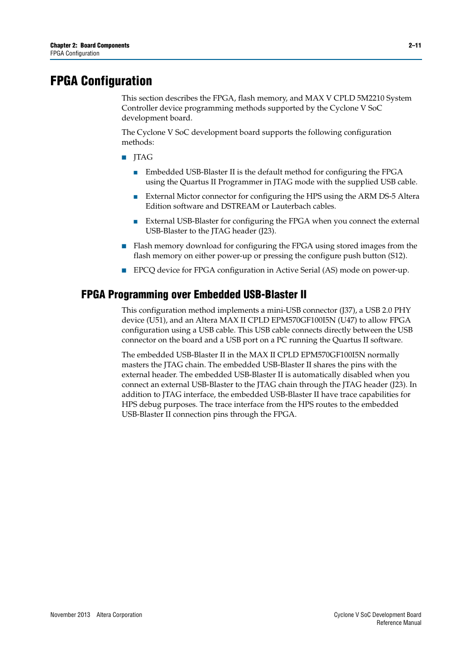 Fpga configuration, Fpga programming over embedded usb-blaster ii, Fpga configuration –11 | Fpga programming over embedded usb-blaster ii –11 | Altera Cyclone V SoC Development Board User Manual | Page 19 / 68