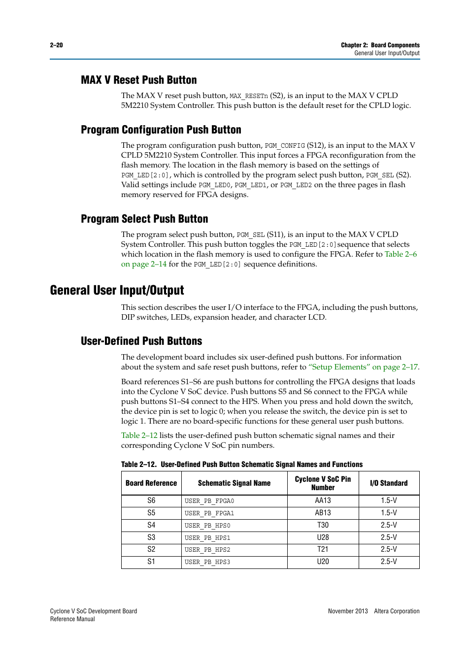 Max v reset push button, Program configuration push button, Program select push button | General user input/output, User-defined push buttons, General user input/output –20, User-defined push buttons –20 | Altera Cyclone V SoC Development Board User Manual | Page 28 / 68