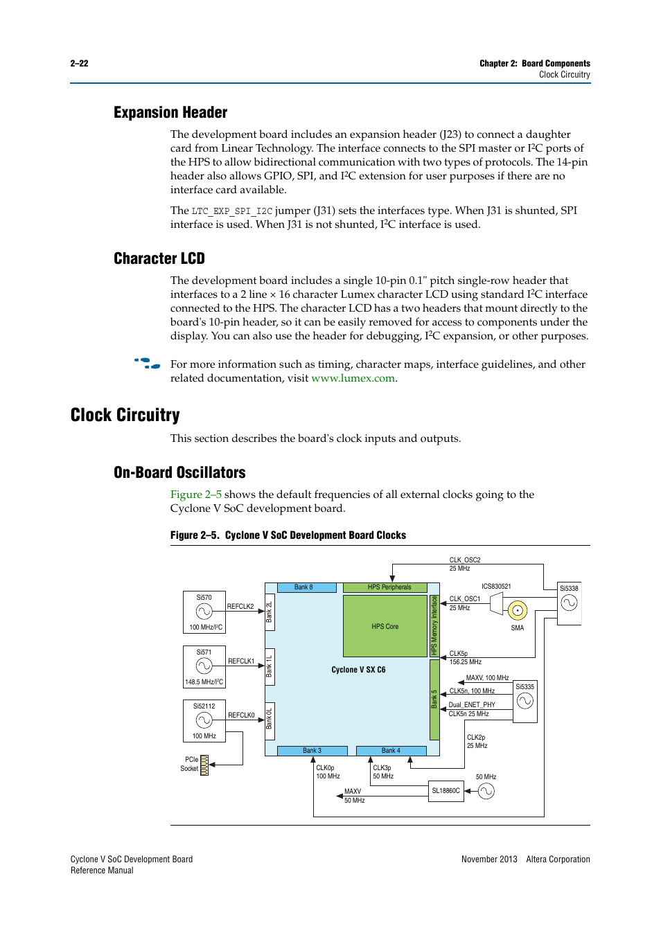 Expansion header, Character lcd, Clock circuitry | On-board oscillators, Expansion header –22 character lcd –22, Clock circuitry –22, On-board oscillators –22 | Altera Cyclone V SoC Development Board User Manual | Page 30 / 68