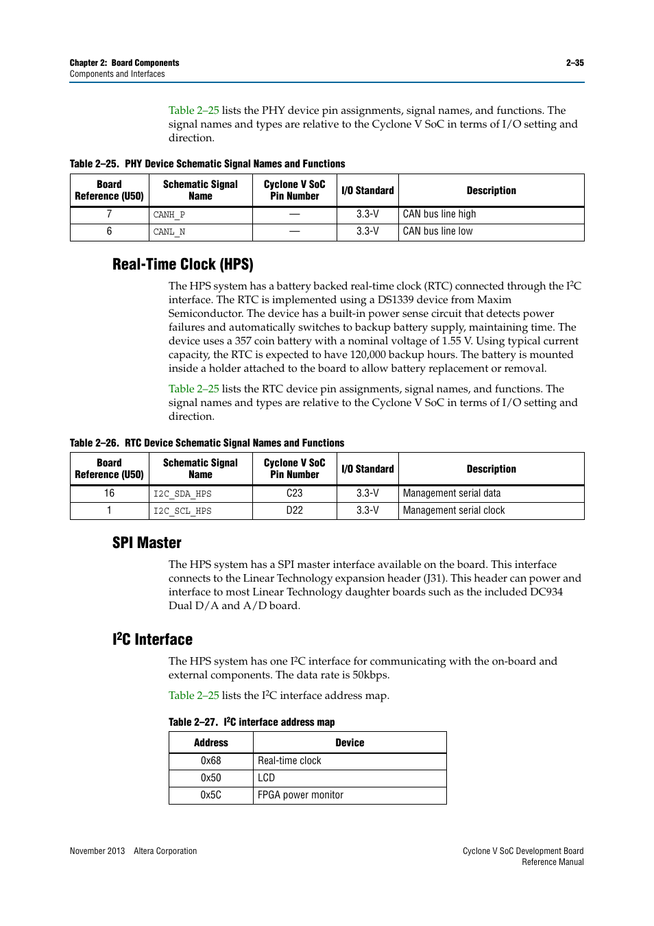 Real-time clock (hps), Spi master, I2c interface | Real-time clock (hps) –35 spi master –35 i, C interface | Altera Cyclone V SoC Development Board User Manual | Page 43 / 68
