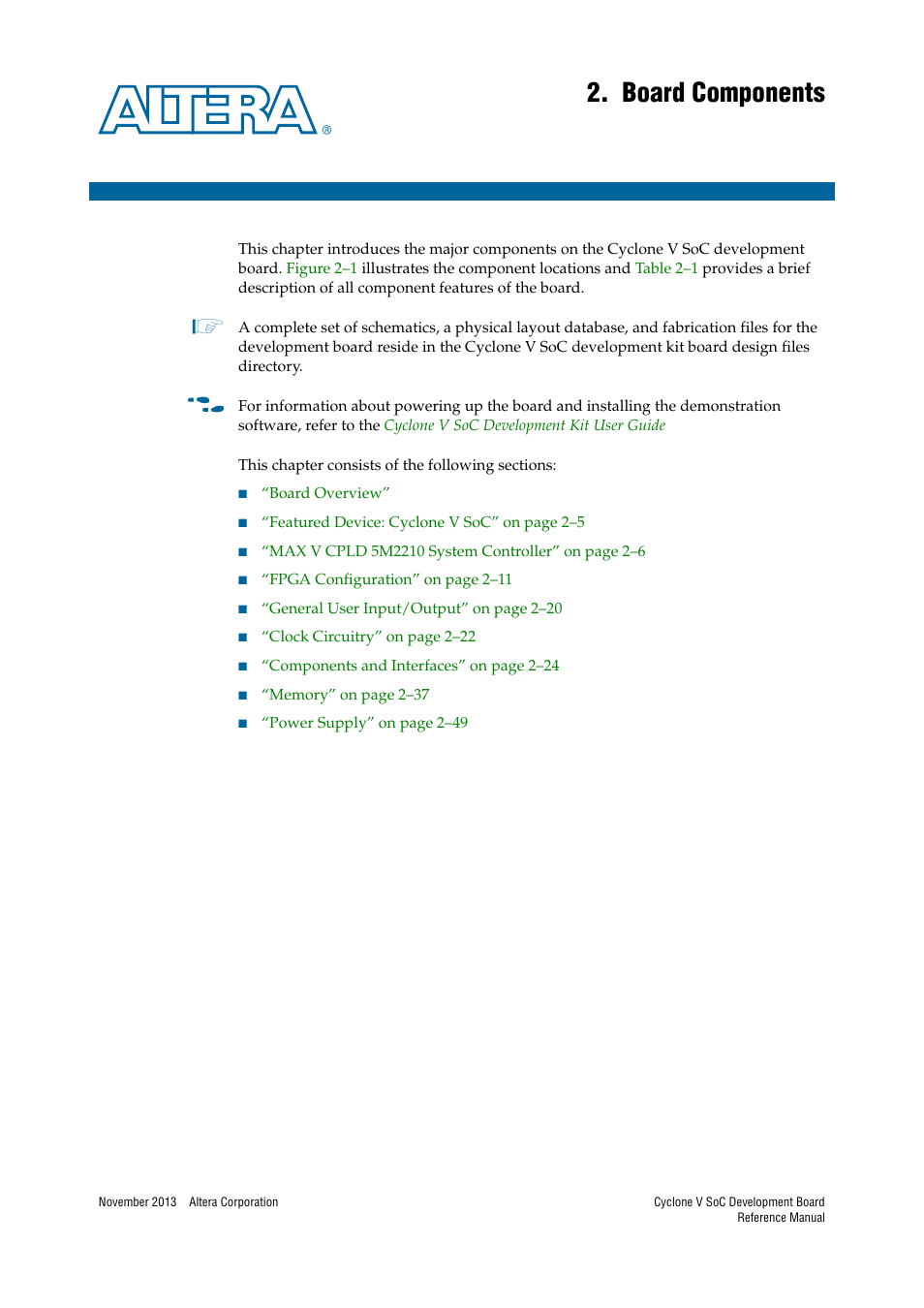 Board components, Chapter 2. board components | Altera Cyclone V SoC Development Board User Manual | Page 9 / 68