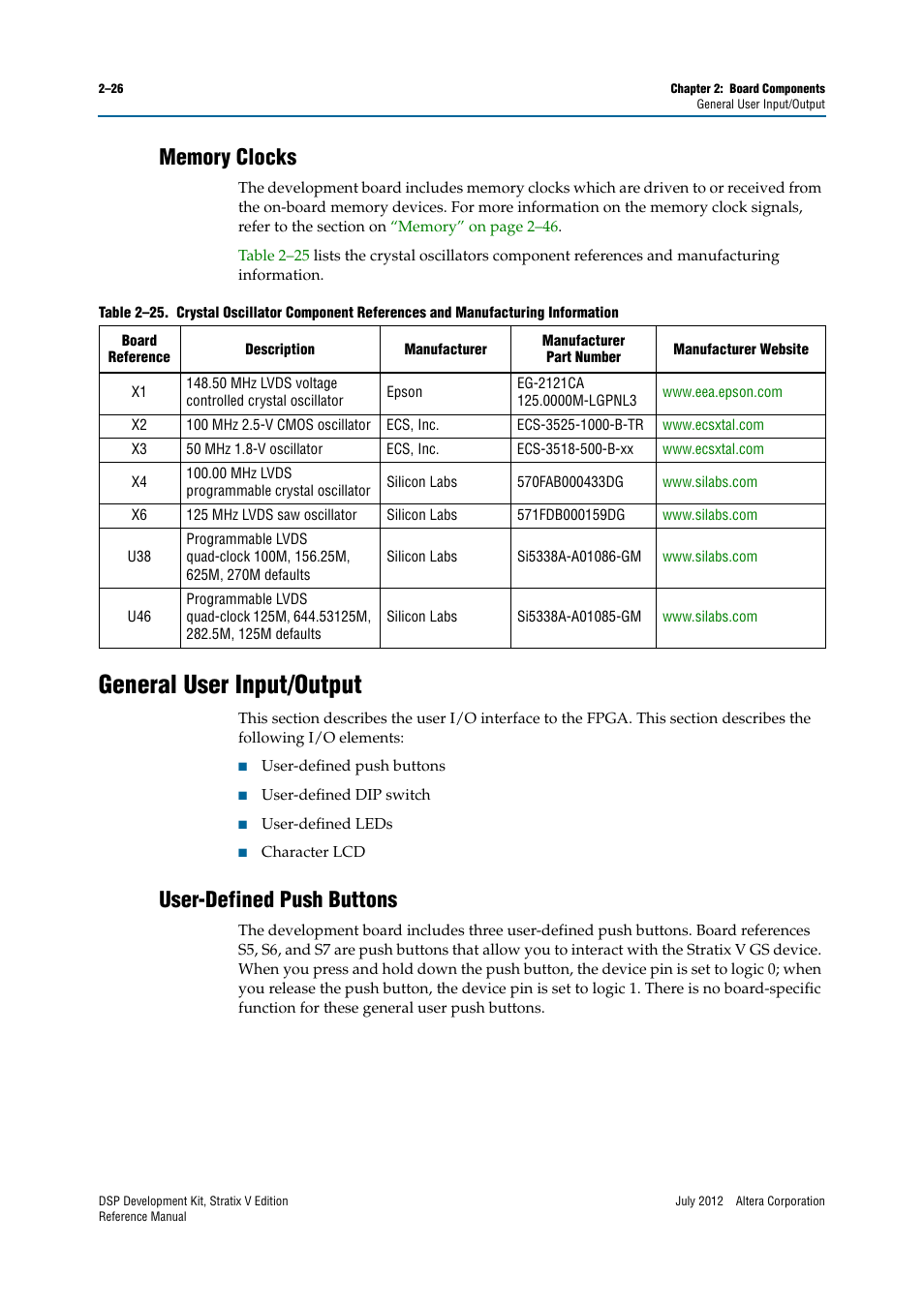 Memory clocks, General user input/output, User-defined push buttons | Memory clocks –26, General user input/output –26, User-defined push buttons –26 | Altera DSP Development Kit, Stratix V Edition User Manual | Page 34 / 74