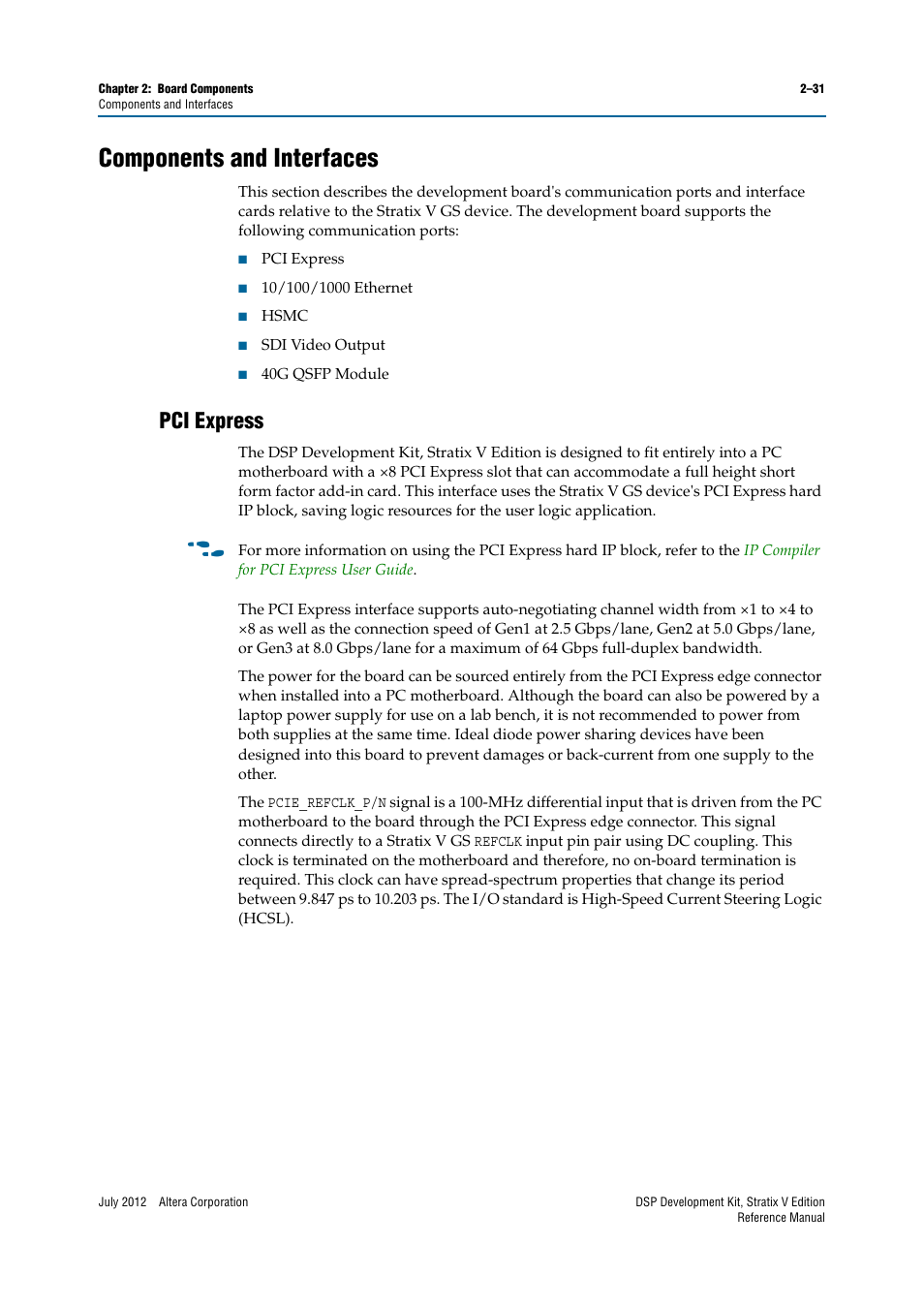 Components and interfaces, Pci express, Components and interfaces –31 | Pci express –31 | Altera DSP Development Kit, Stratix V Edition User Manual | Page 39 / 74