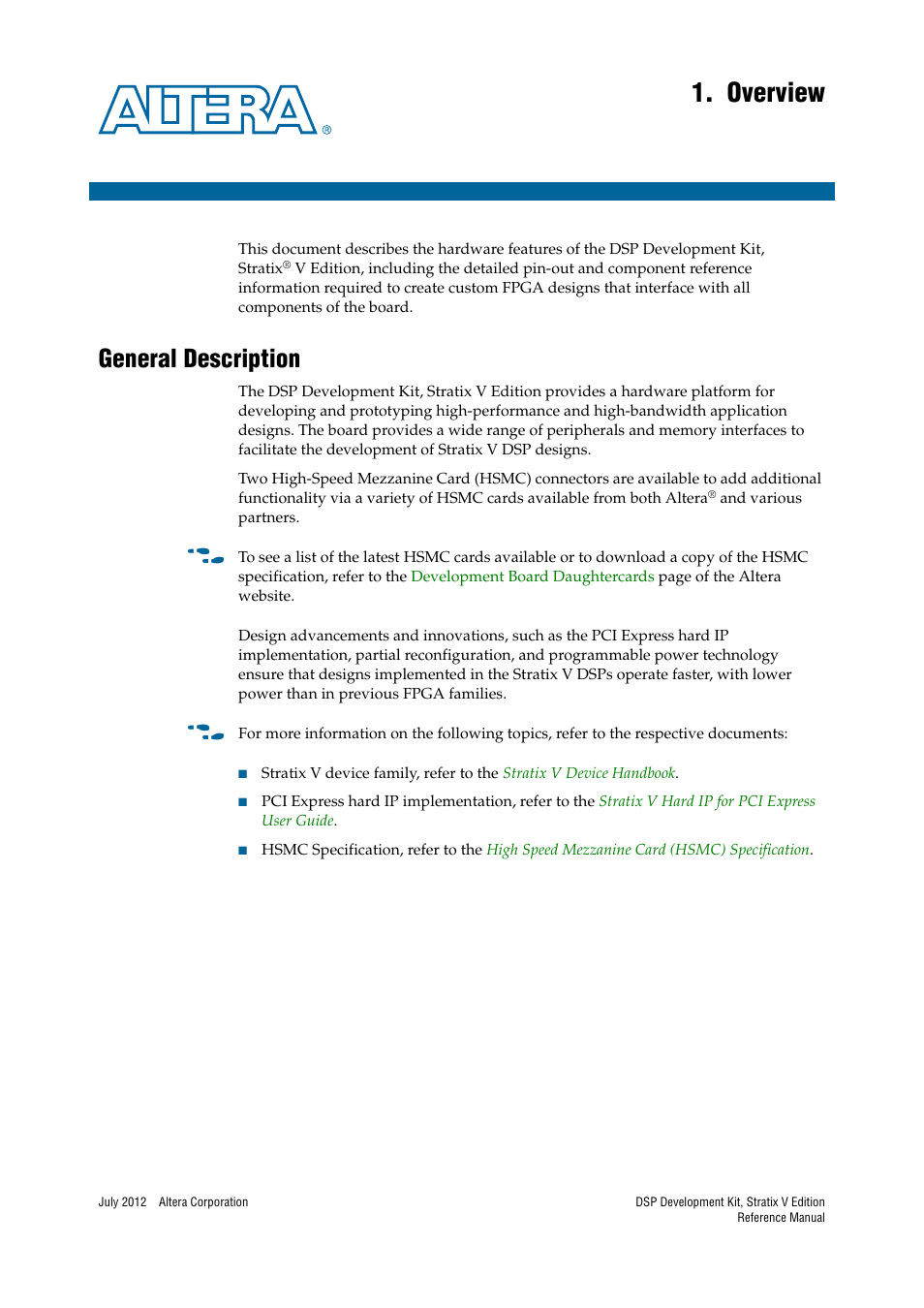 Overview, General description, Chapter 1. overview | General description –1 | Altera DSP Development Kit, Stratix V Edition User Manual | Page 5 / 74