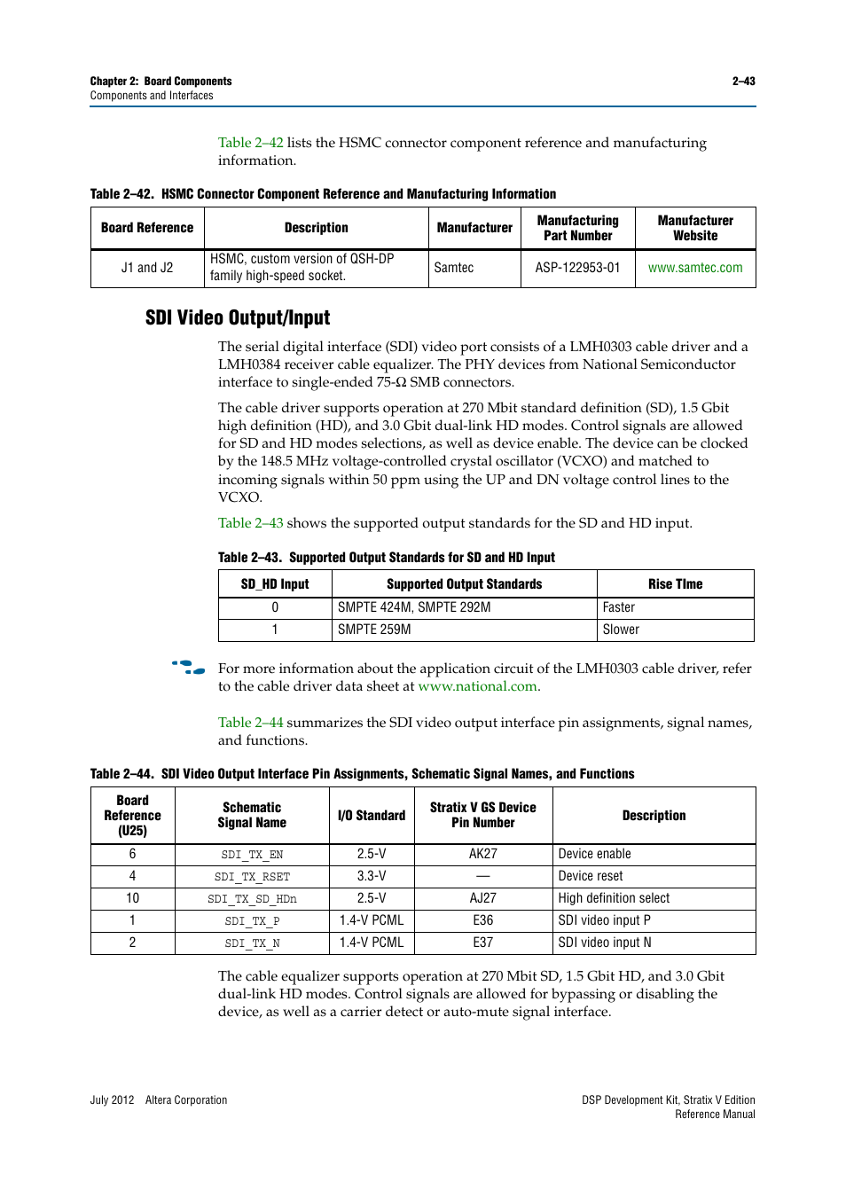 Sdi video output/input, Sdi video output/input –43 | Altera DSP Development Kit, Stratix V Edition User Manual | Page 51 / 74