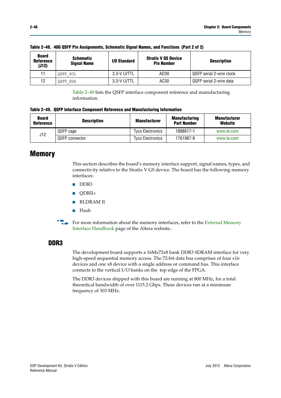 Memory, Ddr3, Memory –46 | Ddr3 –46 | Altera DSP Development Kit, Stratix V Edition User Manual | Page 54 / 74