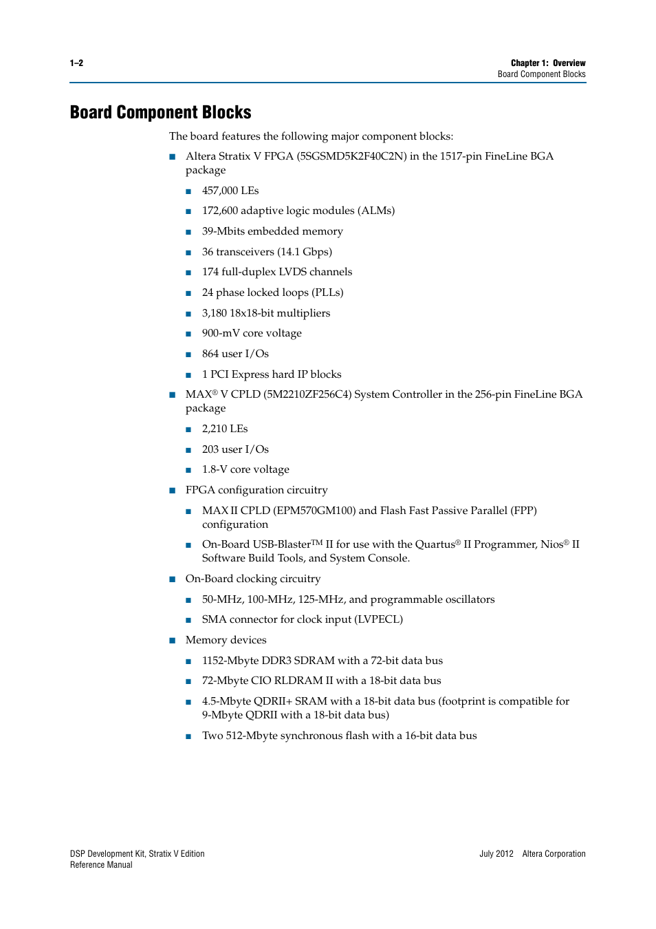 Board component blocks, Board component blocks –2 | Altera DSP Development Kit, Stratix V Edition User Manual | Page 6 / 74