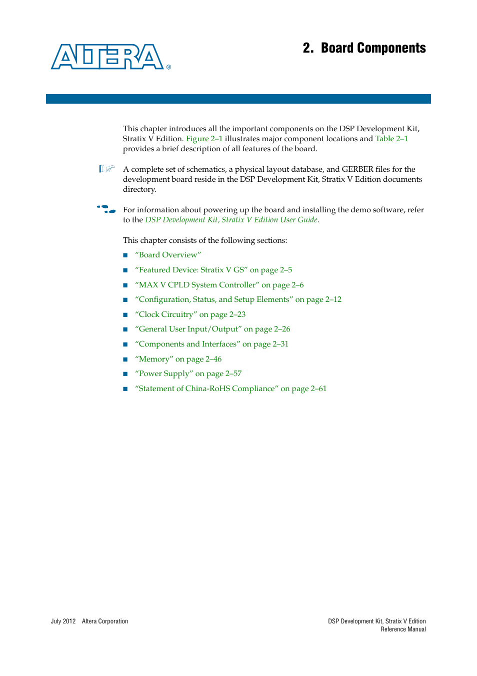 Board components, Chapter 2. board components | Altera DSP Development Kit, Stratix V Edition User Manual | Page 9 / 74