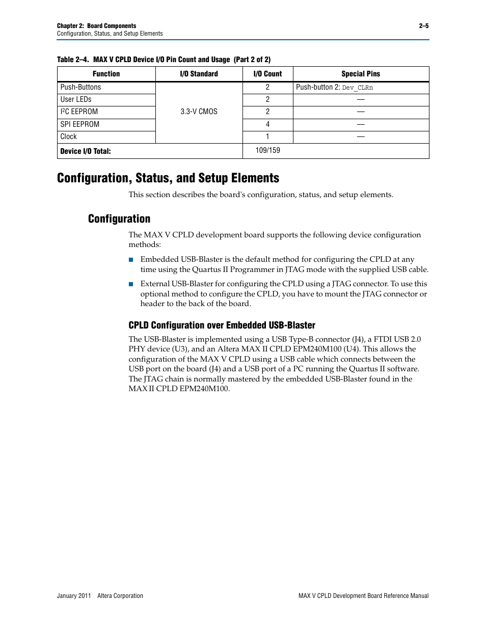 Configuration, status, and setup elements, Configuration, Cpld configuration over embedded usb-blaster | Configuration, status, and setup elements –5, Configuration –5, Cpld configuration over embedded usb-blaster –5 | Altera MAX V CPLD Development Board User Manual | Page 11 / 24