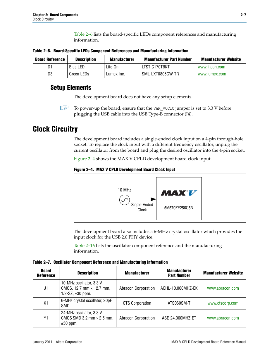 Setup elements, Clock circuitry, Setup elements –7 | Clock circuitry –7 | Altera MAX V CPLD Development Board User Manual | Page 13 / 24