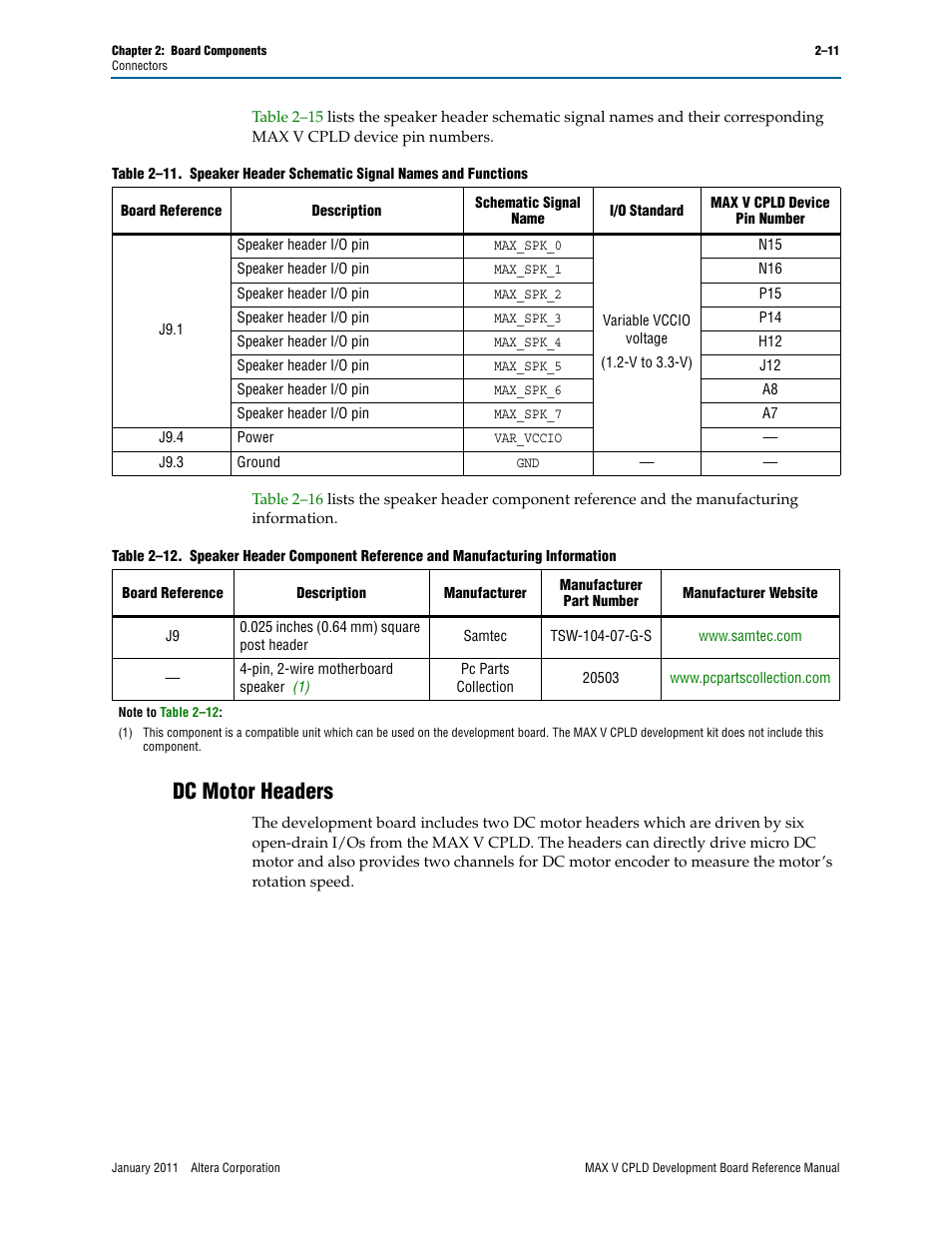 Dc motor headers, Dc motor headers –11 | Altera MAX V CPLD Development Board User Manual | Page 17 / 24