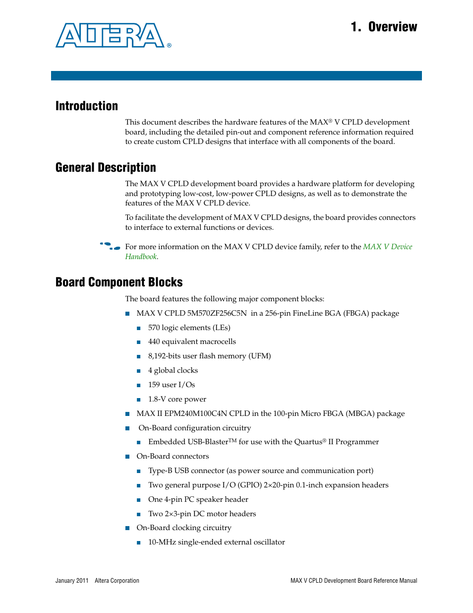 Overview, Introduction, General description | Board component blocks, Chapter 1. overview | Altera MAX V CPLD Development Board User Manual | Page 5 / 24