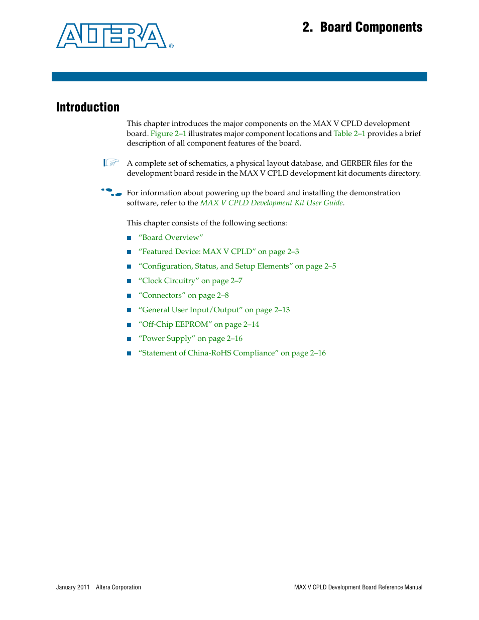 Board components, Introduction, Chapter 2. board components | Introduction –1 | Altera MAX V CPLD Development Board User Manual | Page 7 / 24