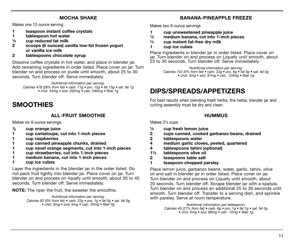 Smoothies, Dips/spreads/appetizers | Cuisinart SPB-7 Series User Manual | Page 11 / 41