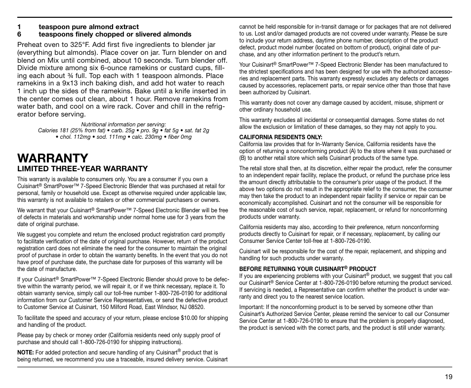 Warranty | Cuisinart SPB-7 Series User Manual | Page 19 / 41