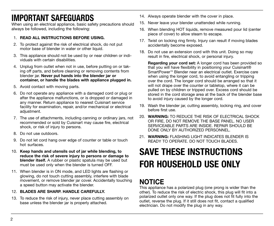 Save these instructions for household use only, Important safeguards, Notice | Cuisinart SPB-7 Series User Manual | Page 2 / 41