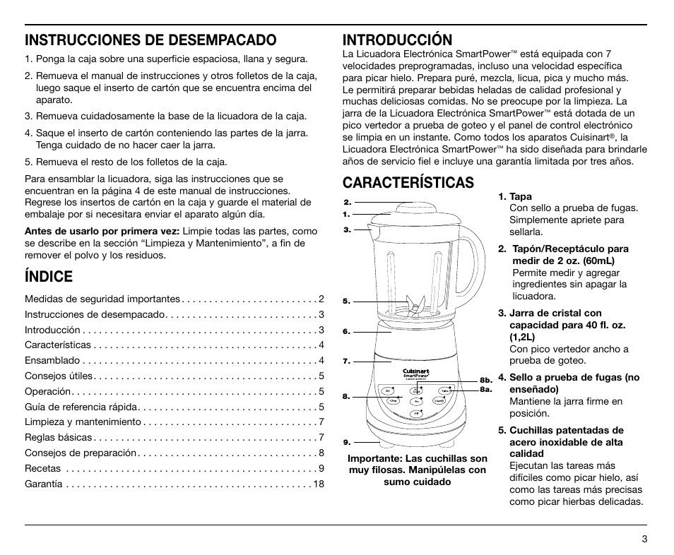 Instrucciones de desempacado, Índice, Introducción | Características | Cuisinart SPB-7 Series User Manual | Page 23 / 41