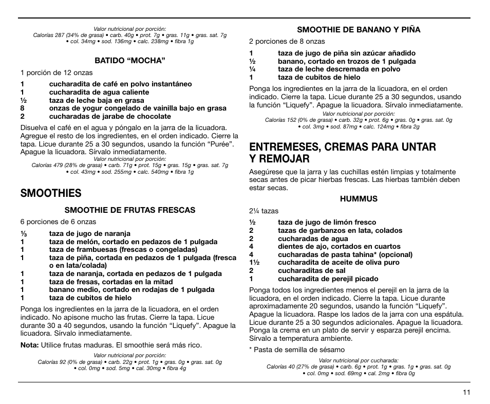 Smoothies, Entremeses, cremas para untar y remojar | Cuisinart SPB-7 Series User Manual | Page 31 / 41