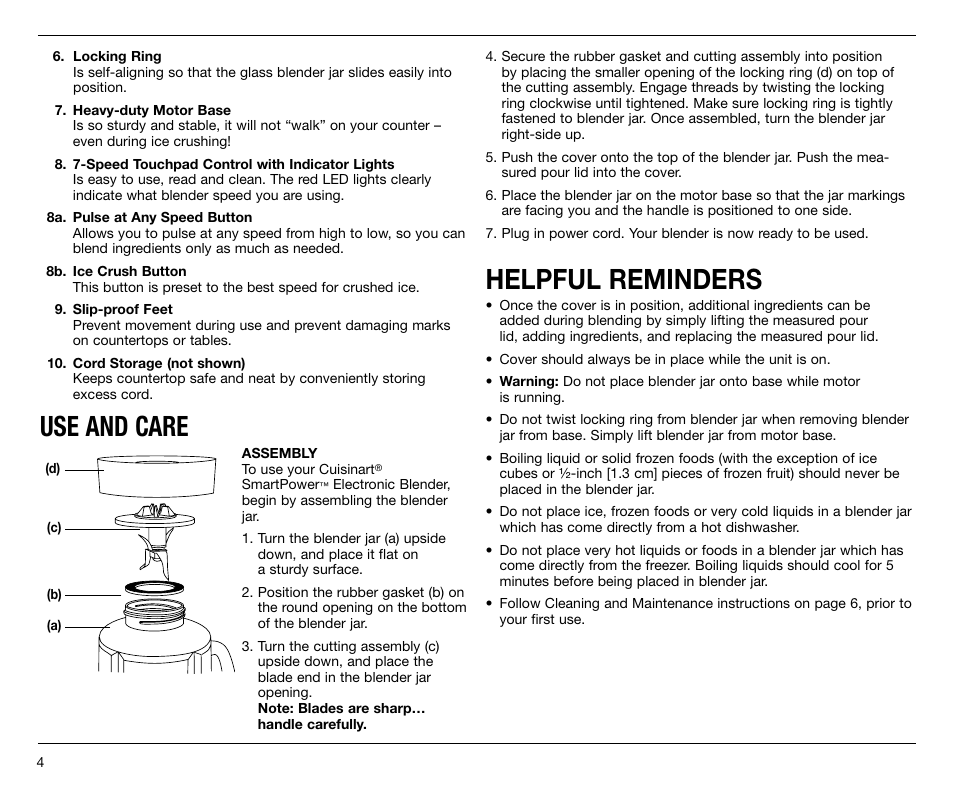 Use and care, Helpful reminders | Cuisinart SPB-7 Series User Manual | Page 4 / 41