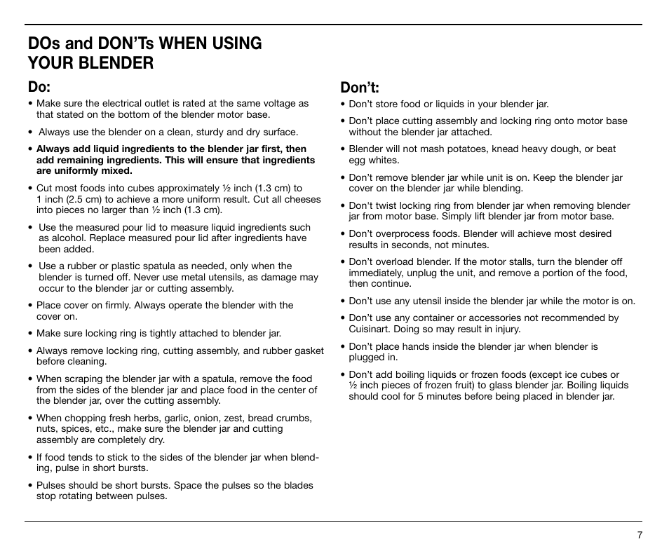 Dos and don’ts when using your blender, Don’t | Cuisinart SPB-7 Series User Manual | Page 7 / 41