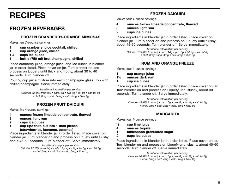 Recipes, Frozen beverages | Cuisinart SPB-7 Series User Manual | Page 9 / 41