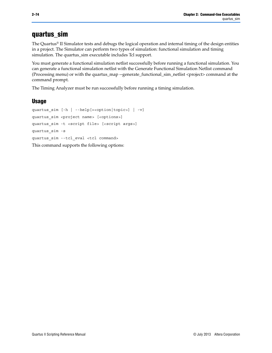 Quartus_sim, Usage, Quartus_sim –74 | Usage –74 | Altera Quartus II Scripting User Manual | Page 100 / 634