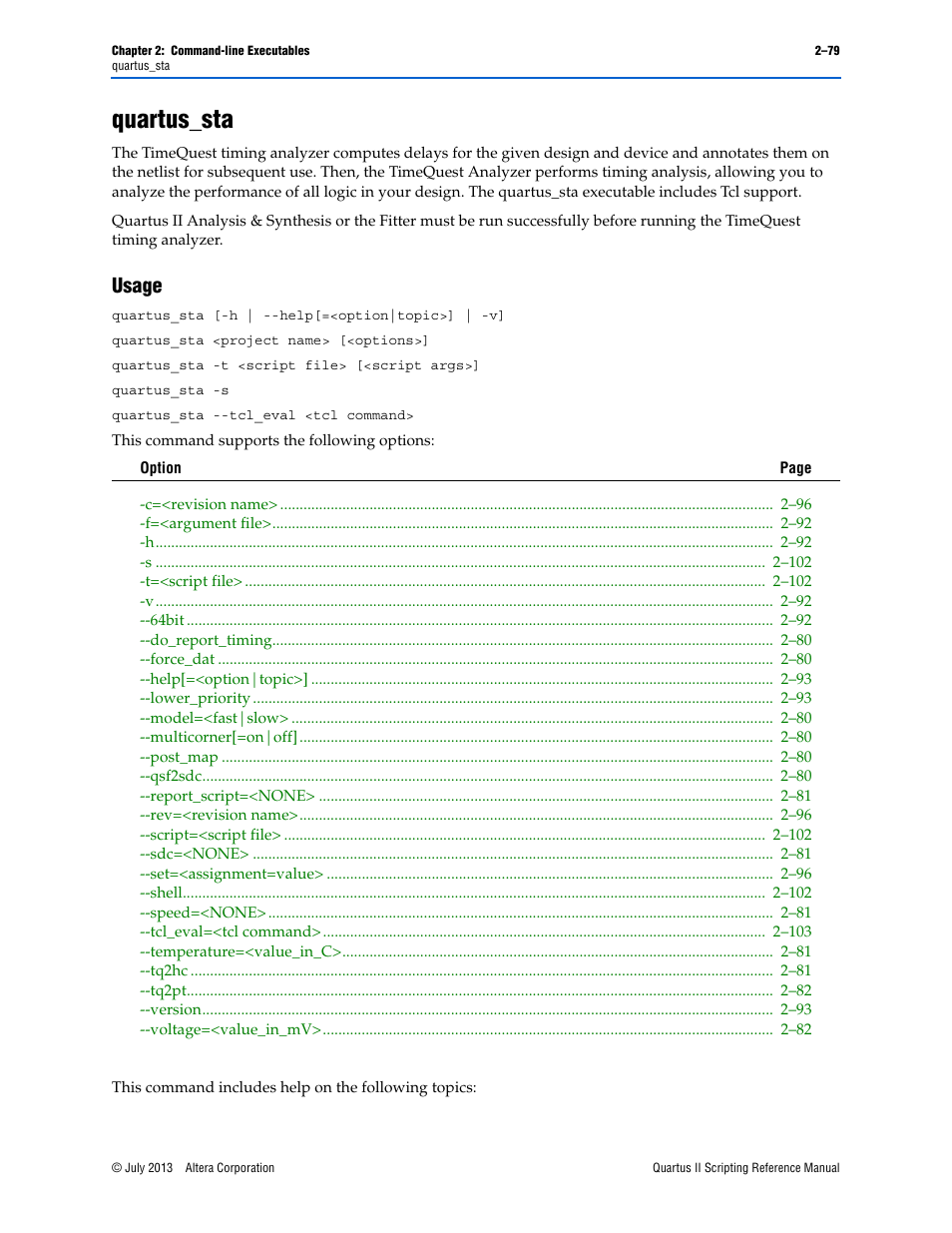 Quartus_sta, Usage, Quartus_sta –79 | Usage –79 | Altera Quartus II Scripting User Manual | Page 105 / 634