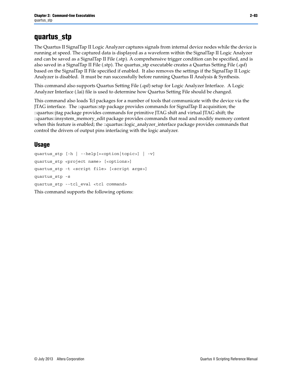 Quartus_stp, Usage, Quartus_stp –83 | Usage –83 | Altera Quartus II Scripting User Manual | Page 109 / 634