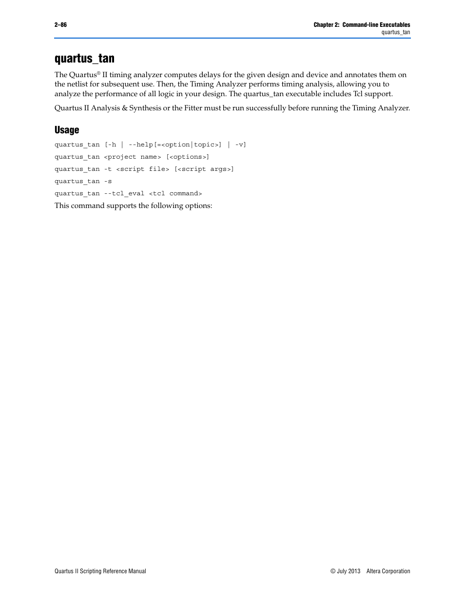 Quartus_tan, Usage, Quartus_tan –86 | Usage –86 | Altera Quartus II Scripting User Manual | Page 112 / 634