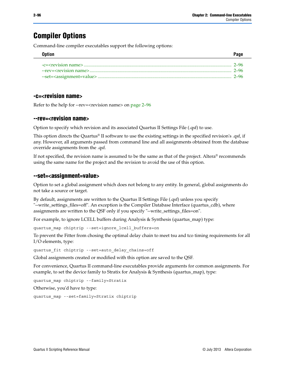 Compiler options, C=<revision name, Rev=<revision name | Set=<assignment=value, Compiler options –96, C=<revision name> –96, Rev=<revision name> –96, Set=<assignment=value> –96 | Altera Quartus II Scripting User Manual | Page 122 / 634