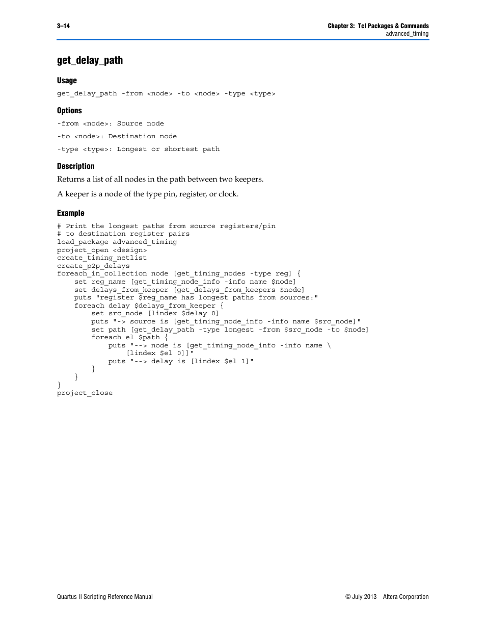 Get_delay_path, Usage, Options | Description, Example, Get_delay_path –14 | Altera Quartus II Scripting User Manual | Page 144 / 634