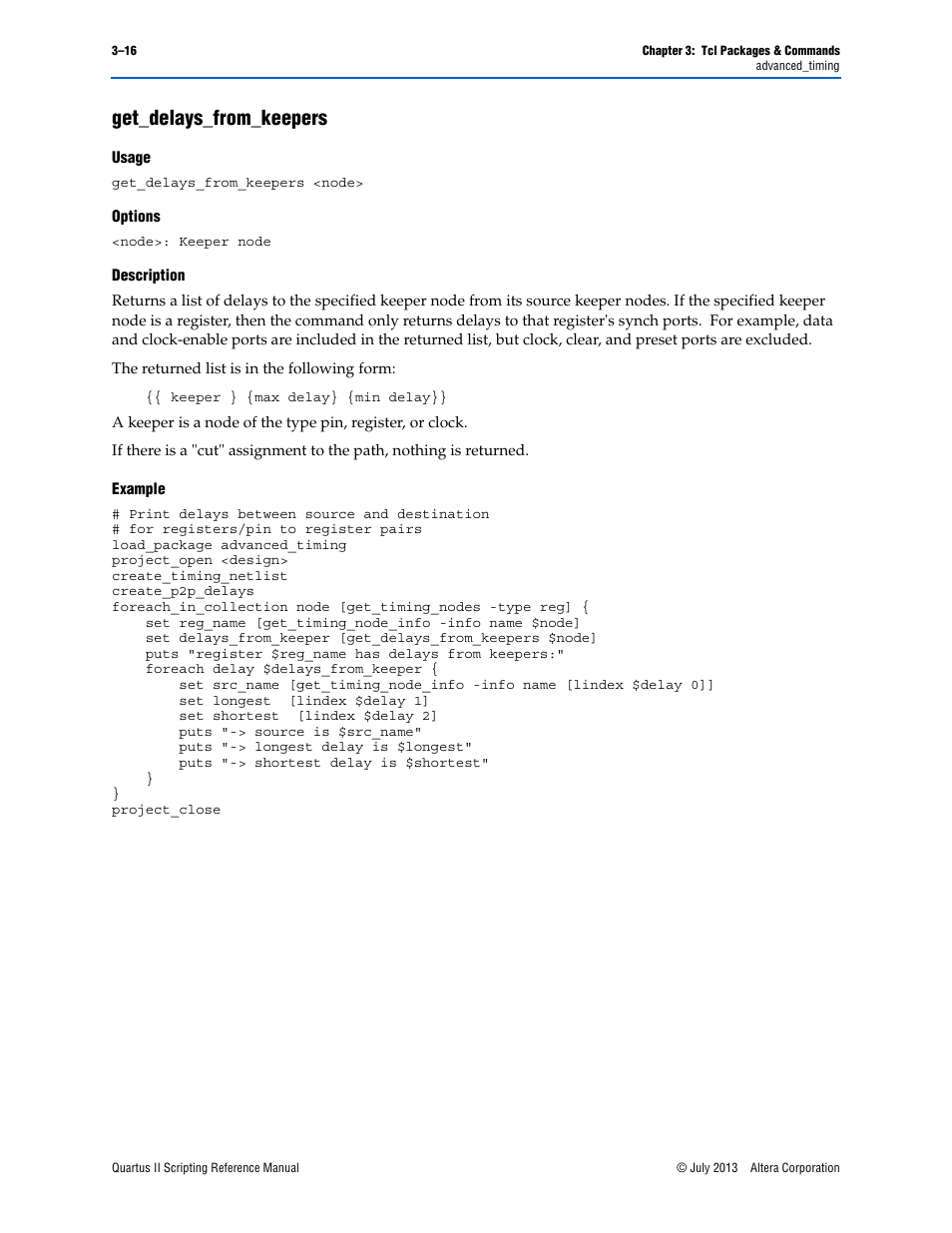Get_delays_from_keepers, Usage, Options | Description, Example, Get_delays_from_keepers –16 | Altera Quartus II Scripting User Manual | Page 146 / 634