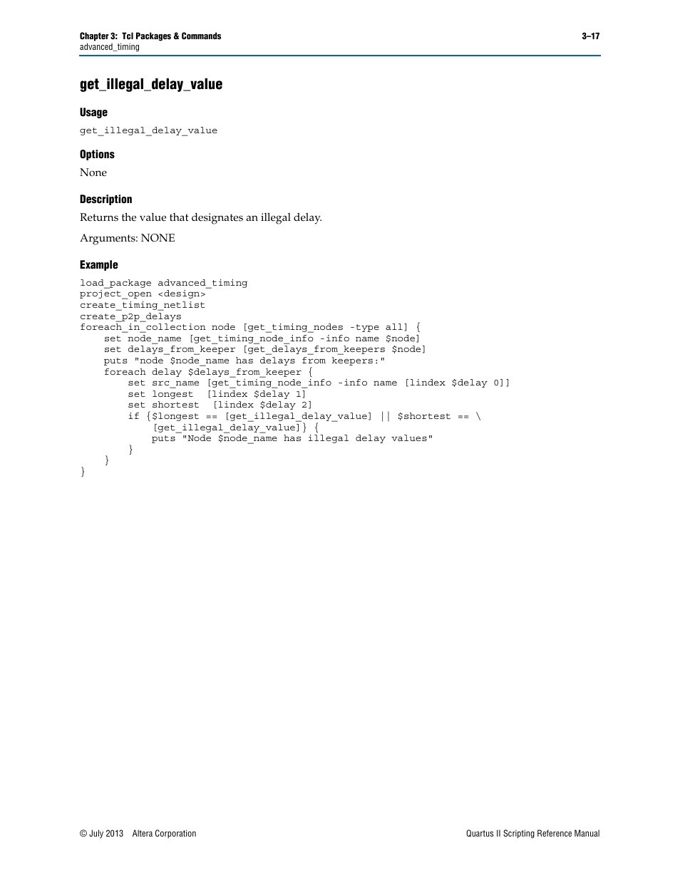 Get_illegal_delay_value, Usage, Options | Description, Example, Get_illegal_delay_value –17 | Altera Quartus II Scripting User Manual | Page 147 / 634