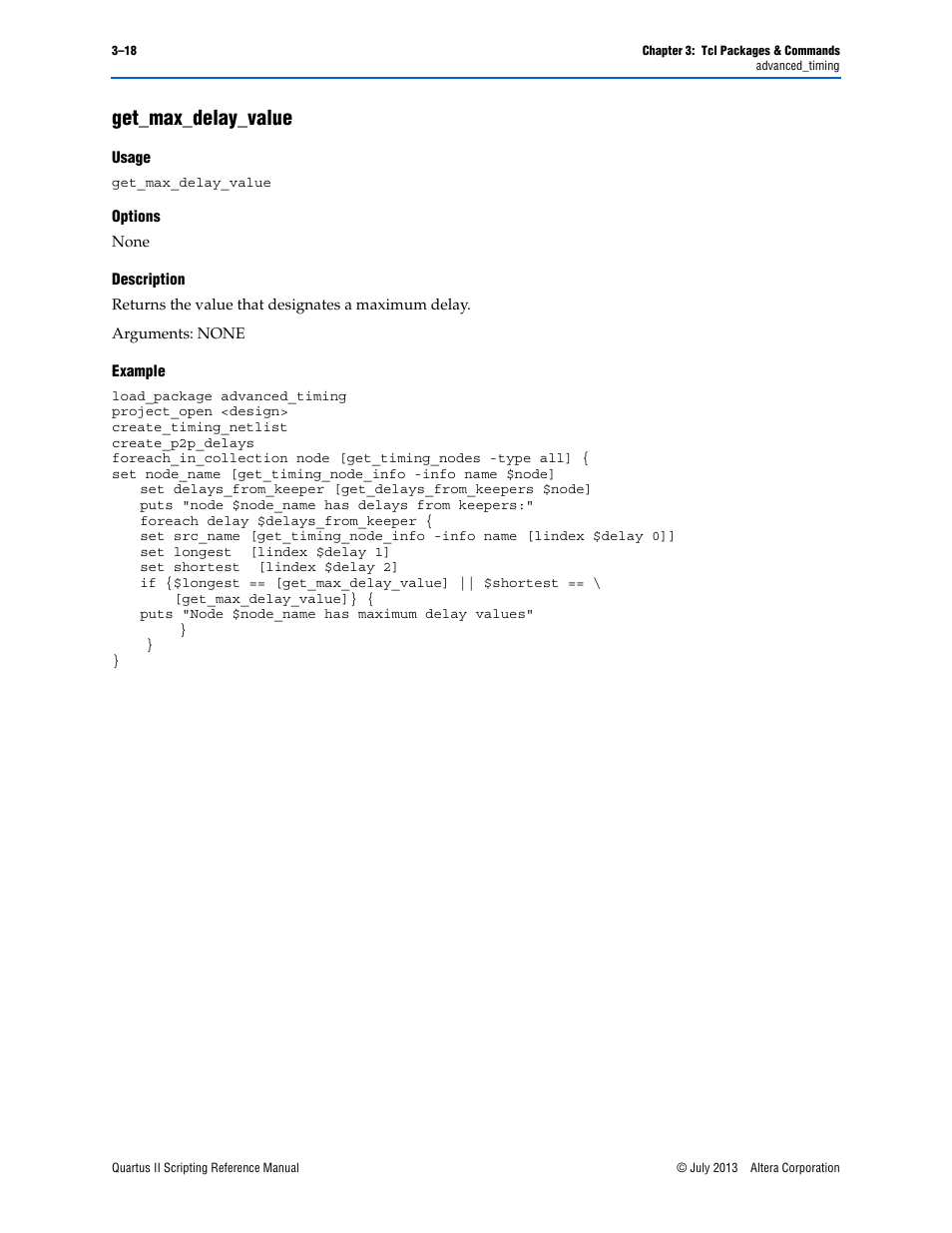 Get_max_delay_value, Usage, Options | Description, Example, Get_max_delay_value –18 | Altera Quartus II Scripting User Manual | Page 148 / 634