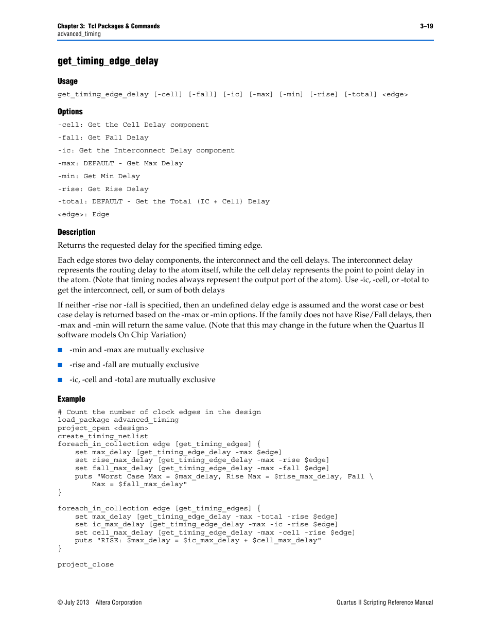 Get_timing_edge_delay, Usage, Options | Description, Example, Get_timing_edge_delay –19 | Altera Quartus II Scripting User Manual | Page 149 / 634