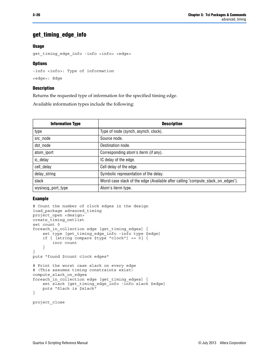 Get_timing_edge_info, Usage, Options | Description, Example, Get_timing_edge_info –20 | Altera Quartus II Scripting User Manual | Page 150 / 634