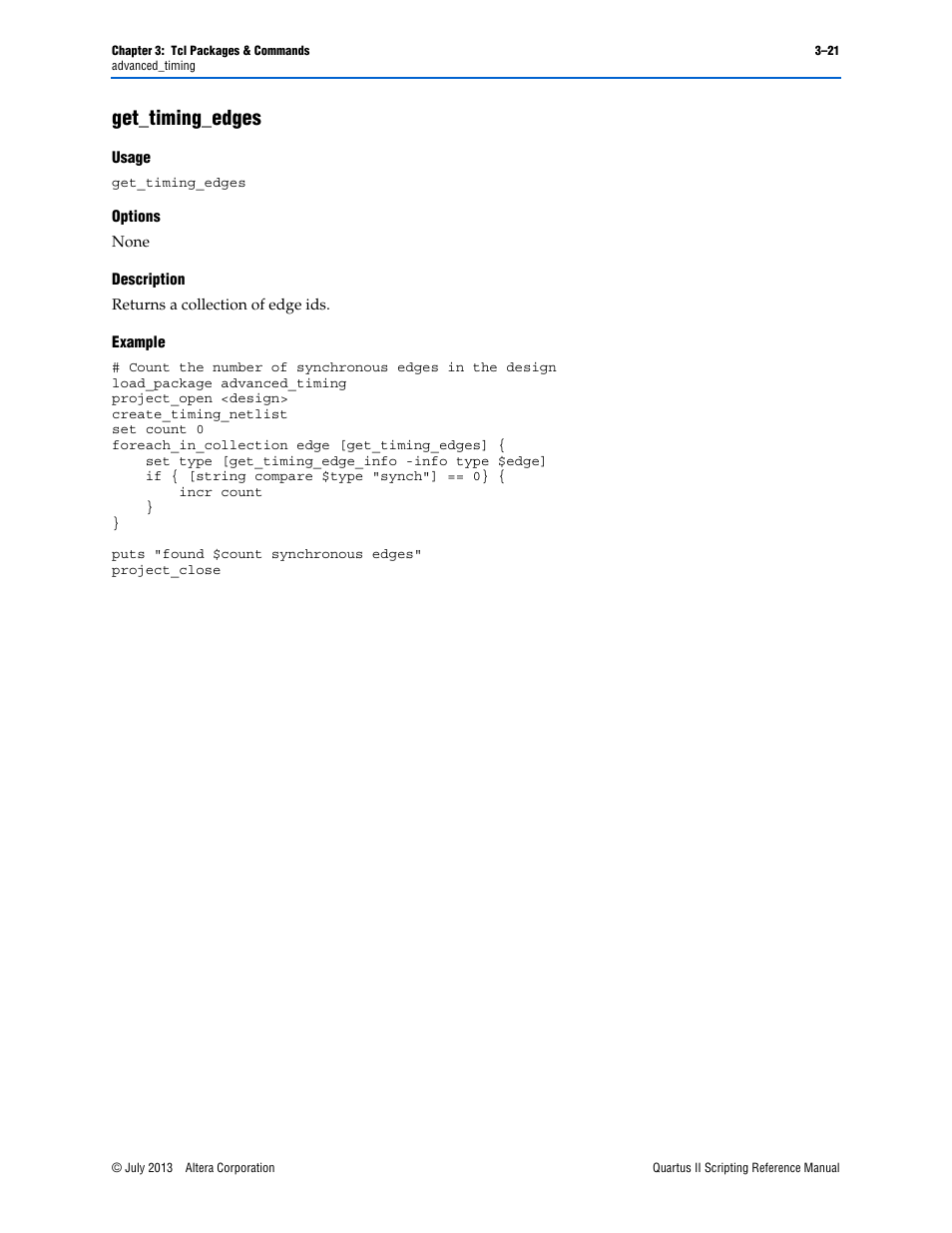 Get_timing_edges, Usage, Options | Description, Example, Get_timing_edges –21 | Altera Quartus II Scripting User Manual | Page 151 / 634