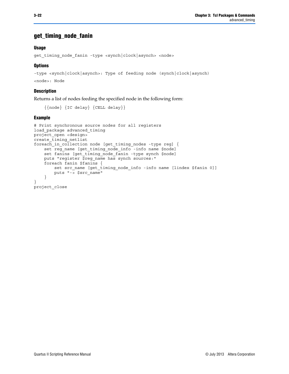 Get_timing_node_fanin, Usage, Options | Description, Example, Get_timing_node_fanin –22 | Altera Quartus II Scripting User Manual | Page 152 / 634