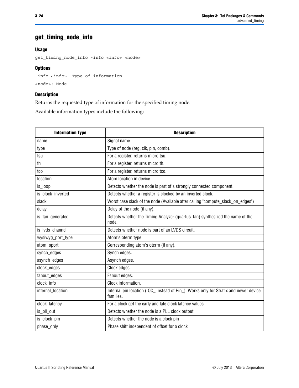 Get_timing_node_info, Usage, Options | Description, Get_timing_node_info –24 | Altera Quartus II Scripting User Manual | Page 154 / 634