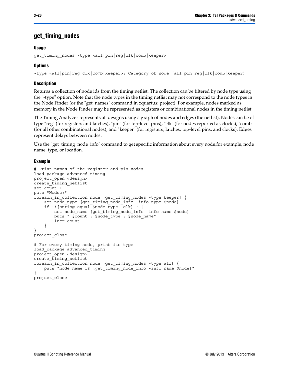 Get_timing_nodes, Usage, Options | Description, Example, Get_timing_nodes –26 | Altera Quartus II Scripting User Manual | Page 156 / 634