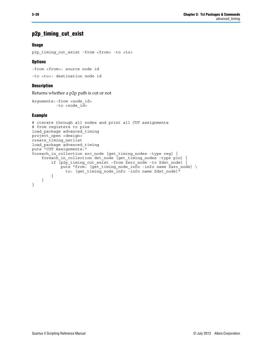 P2p_timing_cut_exist, Usage, Options | Description, Example, P2p_timing_cut_exist –28 | Altera Quartus II Scripting User Manual | Page 158 / 634