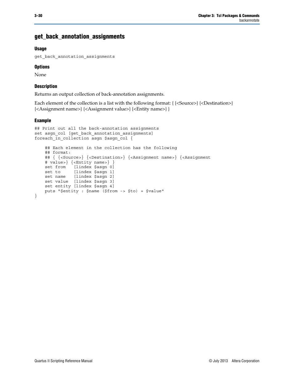 Get_back_annotation_assignments, Usage, Options | Description, Example, Get_back_annotation_assignments –30 | Altera Quartus II Scripting User Manual | Page 160 / 634