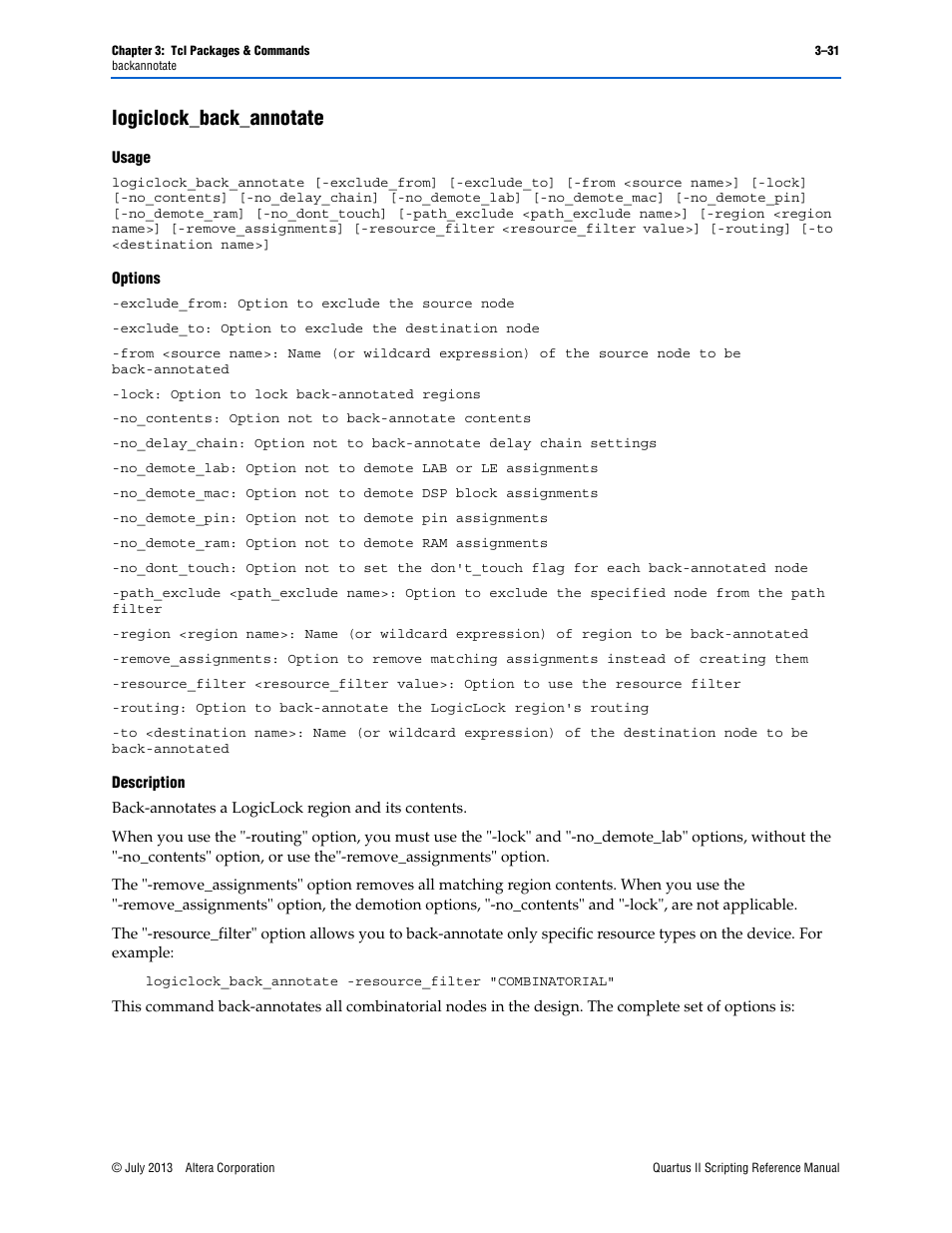 Logiclock_back_annotate, Usage, Options | Description, Logiclock_back_annotate –31 | Altera Quartus II Scripting User Manual | Page 161 / 634